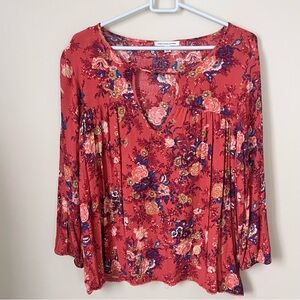 American Eagle Blouse Coral Baby Doll 3/4 Sleeve Pleats Crochet Boho